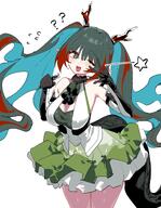 alternate_outfit artist:oqawmet character:zhuang_fangyi dragon_girl dragon_horns dragon_tail flushed_face green_eyes green_hair horns idol_outfit in-series_category:kylin long_hair pointed_ears series:arknights:_endfield tail twin_tails v // 1750x2250 // 1.2MB