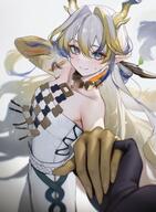 artist:dokuro_deluxe character:shu_(arknights) dragon_horns green_eyes hair_accessories hand_holding horns in-series_category:feranmut in-series_category:sui_siblings in-series_category:yan long_hair pants pointed_ears pov series:arknights sweaty white_hair // 2240x3040 // 802KB