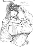 alternate_outfit artist:indinu character:rio_(blue_archive) halo in-series_category:millenium_science_school in-series_category:seminar japanese_text long_hair mechanical_halo monochrome ponytail series:blue_archive sunglasses swimsuit // 1188x1720 // 266KB