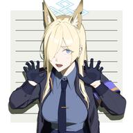 animal_ears artist:yoroshinbo blonde_hair blue_eyes character:kanna_(blue_archive) dog_ears dog_girl hair_covering_eye halo in-series_category:public_peace_bureau in-series_category:valkyrie_police_school long_hair series:blue_archive sharp_teeth // 2688x2688 // 1.9MB