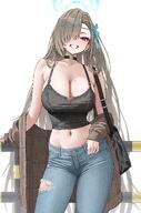 alternate_outfit artist:kono beauty_mark blonde_hair blue_eyes casual_clothes character:asuna_(blue_archive) ear_piercings glasses hair_covering_eye halo in-series_category:cleaning_&_clearing in-series_category:millenium_science_school long_hair midriff pants series:blue_archive // 2500x3779 // 1.6MB