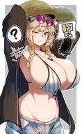 animal_ears artist:gin_moku brown_hair character:doctor_(arknights) character:utage_(arknights) character:utage_(summer_flowers_fa661)_(arknights) hair_accessories hair_braid in-series_category:higashi in-series_category:nue midriff purple_eyes series:arknights short_shorts sunglasses swimsuit // 836x1362 // 273KB