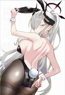 alternate_outfit artist:quatraise blue_eyes bunny_suit character:makoto_(blue_archive) demon_horns grey_hair hair_braid hair_covering_eye horns in-series_category:gehenna_academy in-series_category:pandemonium_society leotard long_hair pointed_ears ponytail rabbit_ears rabbit_tail series:blue_archive // 555x800 // 535KB