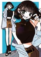 artist:yasu_urayaka black_hair casual_clothes flushed_face green_eyes heart_hands lipstick messy_hair midriff series:original short_hair v // 1448x2048 // 402KB