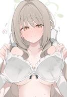 artist:mikozin brown_eyes brown_hair character:miyo_(blue_archive) flushed_face hair_bow hair_braid halo holding_bra in-series_category:free_trade_cartel in-series_category:wild_hunt_academy_of_arts long_hair pov presenting_bra series:blue_archive steaming_body sweaty // 1506x2168 // 1.6MB