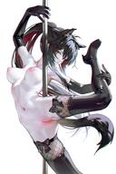 animal_ears artist:iumu black_hair character:texas_(arknights) fishnet_leggings in-series_category:lupo in-series_category:siracusa long_hair orange_eyes ponytail series:arknights stripper_pole tail thigh_squish wolf_ears wolf_girl wolf_tail // 1454x2181 // 2.1MB