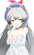 animal_ears artist:fuyubone brown_hair character:michiru_(blue_archive) character:michiru_(dress)_(blue_archive) eye_liner grey_hair halo in-series_category:allied_hyakkiyako_academy in-series_category:ninjutsu_research_club long_hair pov series:blue_archive tanuki_ears tanuki_girl wedding_ring // 1283x2048 // 155KB