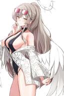 artist:asya body_wings brown_eyes brown_hair character:nagisa_(blue_archive) character:nagisa_(swimsuit)_(blue_archive) feathered_wings flushed_face halo in-series_category:tea_party in-series_category:trinity_general_school long_hair ponytail series:blue_archive sunglasses swimsuit // 1100x1637 // 180KB