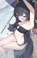 armpit artist:jeon_eo black_hair blue_eyes character:kisaki_(blue_archive) character:kisaki_(swimsuit)_(blue_archive) hair_accessories hair_braid halo in-series_category:genryumon in-series_category:shanhaijing_secondary_school long_hair series:blue_archive sunglasses swimsuit // 3858x6000 // 28MB