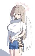 alternate_outfit artist:malsan body_wings brown_eyes brown_hair character:nagisa_(blue_archive) feathered_wings halo in-series_category:tea_party in-series_category:trinity_general_school long_hair series:blue_archive short_shorts // 1093x1742 // 170KB