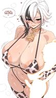 artist:akazuan black_eyes character:arlecchino_(genshin_impact) cow_print english_text flushed_face large_areolae lingerie micro_bikini nipples_visible_through_clothing series:genshin_impact short_hair shota steaming_body sweaty white_hair // 1170x2048 // 242KB