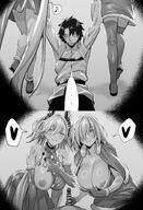 alternate_outfit artist:hxd9585 character:gudao_(fate_grand_order) character:lilith_(fate) character:mash_(fate) comic demon_horns ffm hair_covering_eye horns long_hair monochrome nipple_slip pointed_ears pov santa_outfit series:fate short_hair succubus twin_tails // 1000x1465 // 695KB