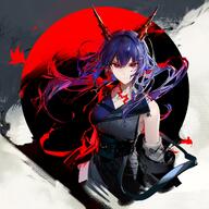 artist:sanmuyyb character:ch'en_(arknights) character:ch'en_the_dawnstreak_(arknights) dragon_girl dragon_horns horns in-series_category:lung in-series_category:lungmen long_hair red_eyes series:arknights series:blue_archive // 2048x2048 // 583KB