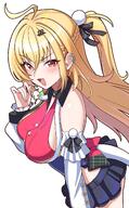 ahoge artist:puka_0507 blonde_hair character:cissia_(zenless_zone_zero) ear_piercings flushed_face hair_bow hair_braid in-series_category:metropolitan_order_division long_hair ponytail red_eyes series:zenless_zone_zero snake_girl snake_tail // 1268x2048 // 896KB