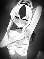armpit artist:manli beauty_mark body_wings character:kayoko_(blue_archive) demon_horns demon_wings flushed_face halo horns in-series_category:gehenna_academy in-series_category:problem_solver_68 mask_bikini monochrome ponytail series:blue_archive short_hair sweaty two-tone_hair // 1500x2000 // 213KB