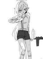 artist:hikodge character:mutsuki_(blue_archive) character:mutsuki_(dress)_(blue_archive) dress halo in-series_category:gehenna_academy in-series_category:problem_solver_68 japanese_text long_hair monochrome pointed_ears ponytail series:blue_archive short_shorts sweaty // 700x953 // 57KB