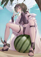 artist:SaMA character:gavial_(arknights) crocodile_girl flushed_face green_hair in-series_category:archosauria in-series_category:rhodes_island pointed_ears ponytail series:arknights swimsuit thigh_squish v yellow_eyes // 2940x4086 // 3.9MB