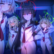 animal_ears artist:shiming_liangjing black_hair blonde_hair blue_eyes brown_hair character:kurumi_(blue_archive) character:niko_(blue_archive) character:otogi_(blue_archive) character:yukino_(blue_archive) flushed_face fox_ears fox_girl full-face_blush green_eyes hair_braid halo in-series_category:fox_squad in-series_category:SRT_special_academy pink_hair pubic_hair red_eyes series:blue_archive shirt_only short_hair steaming_body // 1200x1200 // 1.5MB