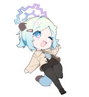 alternate_outfit animal_ears artist:mona_kkkk blue_eyes casual_clothes character:shigure_(blue_archive) chibi green_hair halo in-series_category:red_winter_federal_academy in-series_category:spec_ops_no._227 series:blue_archive short_hair stoat_ears stoat_girl stoat_tail tail // 3727x4096 // 416KB