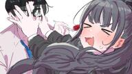 artist:kasasagi beauty_mark black_hair character:amaya_tsubame_(gakuen_idolmaster) character:producer_(idolmaster) flushed_face long_hair ponytail series:gakuen_idolmaster series:idolmaster // 2880x1620 // 2.4MB