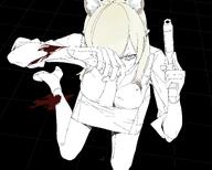 animal_ears artist:kawatiw blonde_hair blue_eyes character:kanna_(blue_archive) dog_ears dog_girl gore hair_covering_eye halo in-series_category:public_peace_bureau in-series_category:valkyrie_police_school long_hair monochrome series:blue_archive sharp_teeth sweaty // 2048x1638 // 268KB