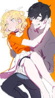 arms_around_neck artist:kasasagi blonde_hair blue_eyes ears_blushing flushed_face full-face_blush meta:character_request princess_carry short_hair // 1080x1920 // 334KB
