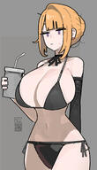 alternate_outfit artist:AZZ beauty_mark blonde_hair character:evelyn_chevalier_(zenless_zone_zero) hair_bun in-series_category:stars_of_lyra messy_hair purple_eyes series:zenless_zone_zero swimsuit // 1207x2110 // 712KB