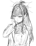 alternate_outfit artist:hoffun_2 character:saori_(blue_archive) flushed_face hair_bow halo in-series_category:arius_satellite_school in-series_category:arius_squad monochrome ponytail series:blue_archive two-tone_hair // 680x863 // 120KB