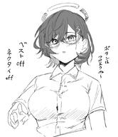 artist:hoffun_2 character:chihiro_(blue_archive) flushed_face glasses hair_accessories halo in-series_category:millenium_science_school in-series_category:veritas japanese_text mechanical_halo monochrome series:blue_archive short_hair // 750x868 // 239KB