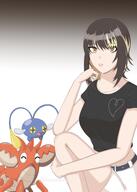 artist:hazukibunko black_hair casual_clothes character:ikaruga_ruka midriff series:idolmaster series:idolmaster_shiny_colors series:pokemon short_hair two-tone_hair yellow_eyes // 2220x3106 // 313KB