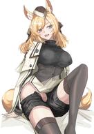 animal_ears artist:ken blonde_hair blue_eyes character:whislash_(arknights) character:zofia_(arknights) hair_bow horse_ears horse_girl in-series_category:kazimierz in-series_category:kuranta long_hair series:arknights short_shorts sweater // 2314x3273 // 766KB