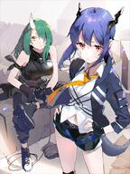 character:ch'en_(arknights) character:hoshiguma_(arknights) demon_horns dragon_girl dragon_horns horns in-series_category:lung in-series_category:lungmen in-series_category:oni meta:artist_request meta:source_request meta:tagme oni series:arknights // 676x900 // 1.2MB