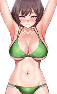armpit artist:deras brown_hair character:neo_asari_(gakuen_idolmaster) flushed_face purple_eyes series:gakuen_idolmaster series:idolmaster short_hair swimsuit // 1200x1977 // 1.8MB