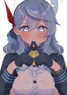 artist:niihai_chikuwa blue_eyes blue_hair character:ako_(blue_archive) flushed_face hair_accessories halo in-series_category:gehenna_academy in-series_category:prefect_team series:blue_archive side_boob sweaty // 1905x2709 // 3.0MB