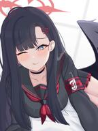 artist:woodhxx black_hair body_wings character:ichika_(blue_archive) feathered_wings grey_hair hair_accessories halo in-series_category:justice_task_force in-series_category:trinity_general_school long_hair pov series:blue_archive // 1539x2048 // 326KB