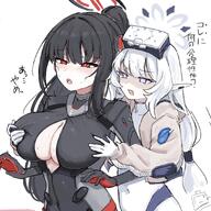 artist:eiraku_tee beauty_mark black_hair bodysuit character:himari_(battle)_(blue_archive) character:himari_(blue_archive) character:rio_(battle)_(blue_archive) character:rio_(blue_archive) elf flushed_face grabbing_another's_breast groping halo in-series_category:millenium_science_school in-series_category:seminar in-series_category:super_phenomenon_task_force japanese_text long_hair mechanical_halo nipple_play pointed_ears ponytail purple_eyes red_eyes series:blue_archive shadow_over_eyes sweaty twin_tails white_hair // 898x898 // 856KB