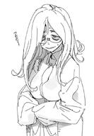 artist:sunoco glasses hair_down_the_middle japanese_text long_hair monochrome series:original sweaty tired_eyes wet_shirt // 605x874 // 69KB