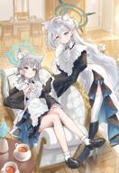 alternate_outfit animal_ears artist:eshi_neko blue_eyes character:shiroko_(blue_archive) character:shiroko_terror_(blue_archive) grey_hair hair_accessories halo heterochromia in-series_category:abydos_high_school in-series_category:foreclosure_task_force long_hair maid series:blue_archive short_hair wolf_ears wolf_girl // 2441x3541 // 1.0MB