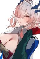 artist:mocomomomo beauty_mark character:mi_fu demon_horns flushed_face hair_covering_eye horns in-series_category:sarkaz pink_eyes pink_hair pointed_ears pov saliva_string series:arknights series:arknights:_endfield short_hair // 2648x3875 // 516KB