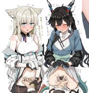 artist:clearite bird_girl black_hair blonde_hair blue_eyes character:ch'en_qianyu character:endministrator character:perlica dragon_girl dragon_horns dragon_tail ears_blushing ffm flushed_face full-face_blush head_wings horns in-series_category:liberi in-series_category:lung japanese_text long_hair meta:cropped pov pubic_hair series:arknights series:arknights:_endfield skirt_lift sweaty tail twin_tails // 1135x1184 // 295KB