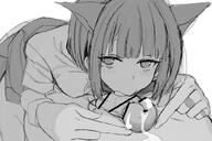 animal_ears artist:osuman_toruko cat_ears cat_girl character:kazusa_(band)_(blue_archive) character:kazusa_(blue_archive) face_mask fellatio halo in-series_category:after_school_sweets_club in-series_category:sugar_rush in-series_category:trinity_general_school meta:work-in-progress monochrome pov series:blue_archive short_hair two-tone_hair // 810x540 // 179KB