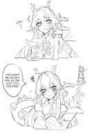artist:ahti character:shu_(arknights) comic dragon_girl dragon_horns dragon_tail english_text flushed_face hair_accessories hair_bun horns in-series_category:feranmut in-series_category:sui_siblings in-series_category:yan long_hair monochrome pointed_ears pov series:arknights tail teasing // 2480x3508 // 1.3MB