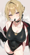 alternate_outfit artist:dani_maru beauty_mark blonde_hair character:evelyn_chevalier_(zenless_zone_zero) flushed_face hair_bow hair_braid hair_bun in-series_category:stars_of_lyra purple_eyes series:zenless_zone_zero steaming_body swimsuit // 907x1621 // 889KB