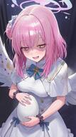 artist:lightmako body_wings character:mika_(blue_archive) egg feathered_wings hair_accessories hair_bun halo in-series_category:tea_party in-series_category:trinity_general_school meta:AI_generated pink_hair series:blue_archive shadow_over_eyes tired_eyes yellow_eyes // 1536x2752 // 837KB
