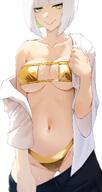 artist:the_atko golden_bikini green_eyes mask_bikini meta:character_request pulling_down_pants series:original short_hair teasing white_hair // 1067x1999 // 131KB