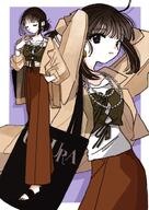 artist:yasu_urayaka brown_hair casual_clothes english_text pants ponytail purple_eyes series:original short_hair // 1413x2000 // 314KB