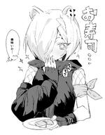 artist:rapisu character:shirayuki_(arknights) ear_piercings flushed_face hair_covering_eye in-series_category:anaty in-series_category:higashi japanese_text monochrome series:arknights short_hair // 1444x1851 // 252KB