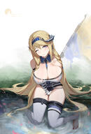 artist:amaruda blonde_hair blue_eyes character:saileach_(arknights) dragon_girl dragon_horns hair_braid horns in-series_category:victoria in-series_category:vouivre long_hair nipples_visible_through_clothing pointed_ears series:arknights stirrup_footwear sweaty tears torn_clothing // 1080x1593 // 1.1MB