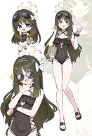 artist:inapple84 blue_eyes character:tsumugi_(blue_archive) character:tsumugi_(swimsuit)_(blue_archive) green_hair hair_bow halo in-series_category:occult_research_society in-series_category:wild_hunt_academy_of_arts long_hair series:blue_archive sunglasses swimsuit // 2543x3728 // 3.8MB