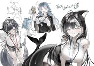 artist:maruma_suitcase black_hair blue_hair character:dolphin_office_lady_(7h4ze) character:orca_office_lady_(7h4ze) character:shark_office_lady_(7h4ze) character:whale_office_lady_(7h4ze) closed_eyes english_text eye_liner long_hair office_lady series:original shark_tail sharp_teeth short_hair thigh_squish white_eyes // 2048x1430 // 348KB